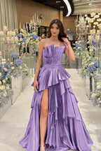 Charming Strapless Sleeveless Long Split Prom Dress With Pleated MS0456