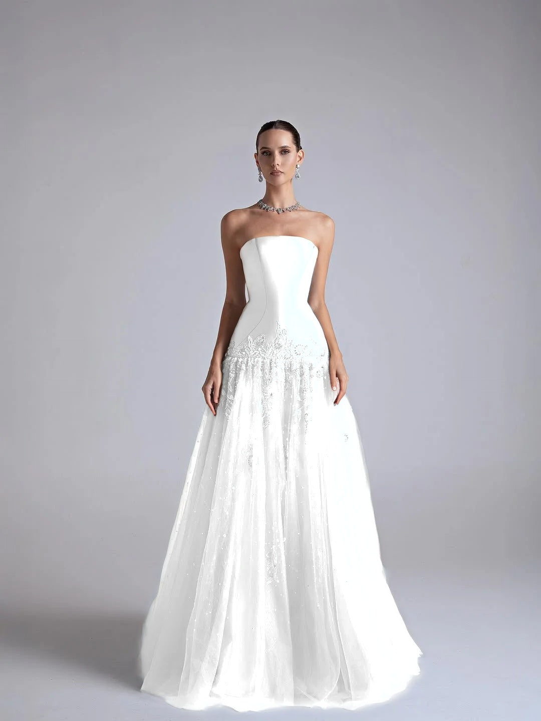 Baby Blue Satin And Tulle Strapless Sleeveless Long Pleated A-Line Prom Dress With Flower Appliqués YK0669