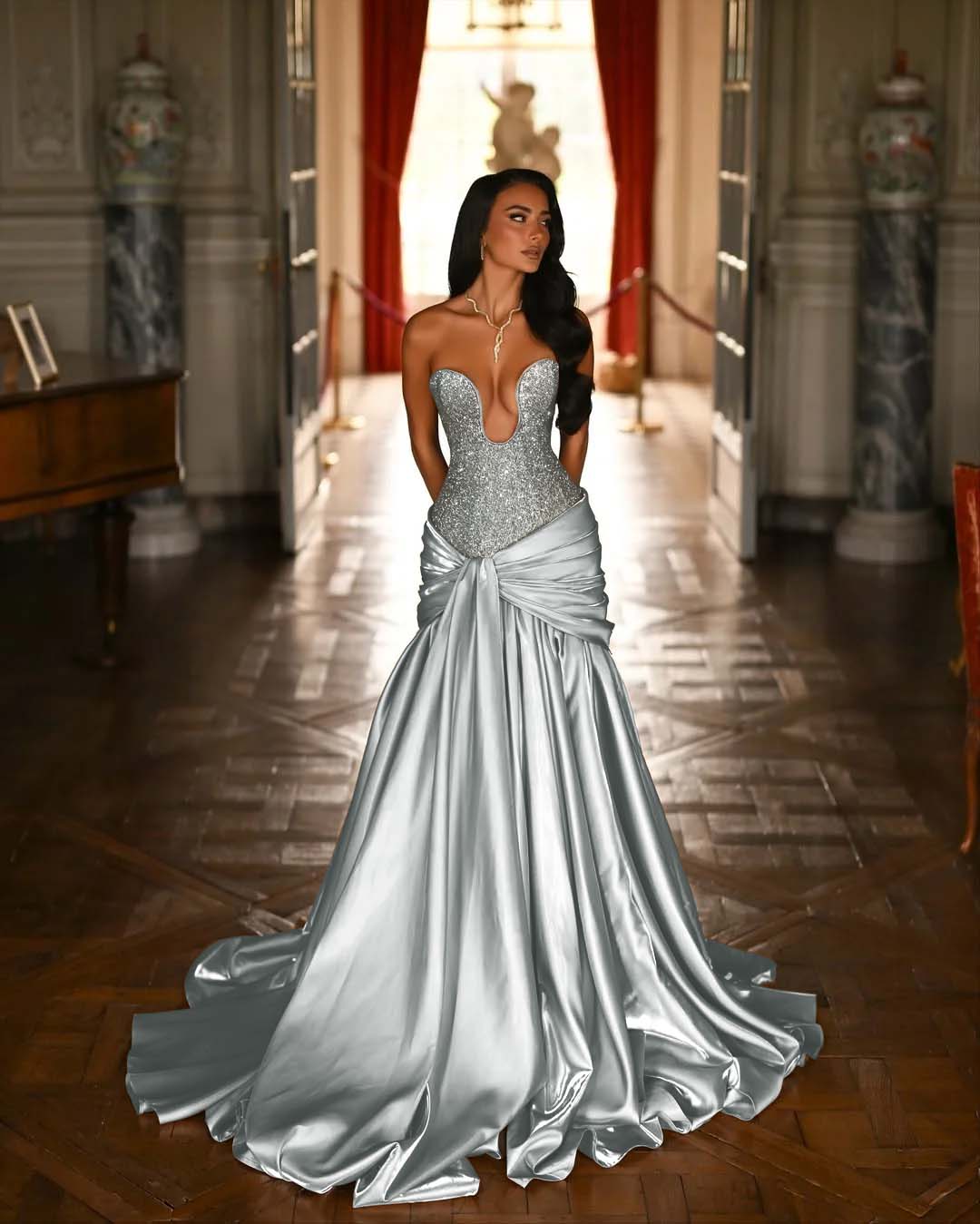 Satin Deep V-Neck Strapless Sleeveless Long Pleated Mermaid Prom Dress With Ruffles And Beadings YK0644