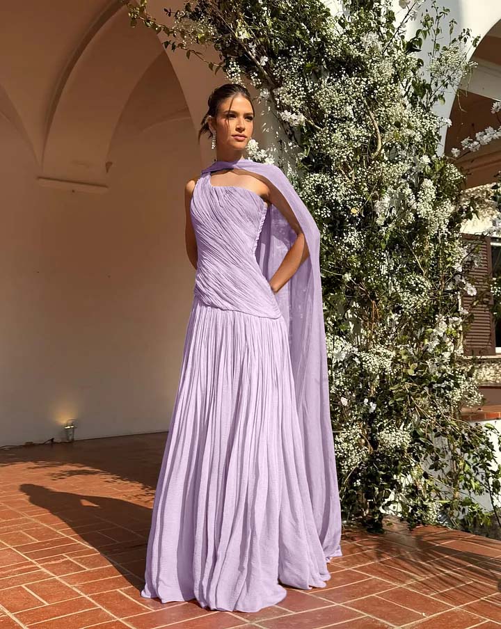 Chic One Shoulder Sleeveless Long Prom Dress With Pleated Shawl WQ0343