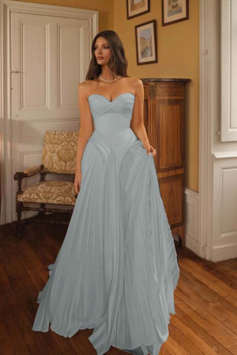 Cocoslly Sweetheart Strapless Sleeveless High-Waisted Long A-Line Pleated Prom Dress | Ivory Chiffon ZA0311