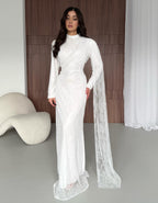 Cocoslly Long Sleeves High Waist Long Mermaid Prom Dress With Pearls And Lace | White Satin CO0051