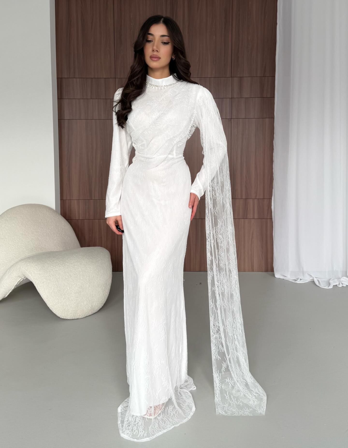 Cocoslly Long Sleeves High Waist Long Mermaid Prom Dress With Pearls And Lace | White Satin CO0051