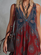 Retro Ethnic Bohemian Print Chiffon Sleeveless Maxi Dress