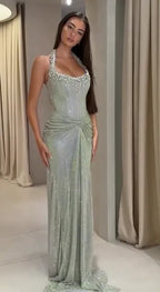 Cocoslly Halter Sleeveless High Waist Long Mermaid Prom Dress With Rhinstone And Pleated | Silver Sequins CO0207