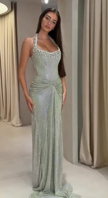 Cocoslly Halter Sleeveless High Waist Long Mermaid Prom Dress With Rhinstone And Pleated | Silver Sequins CO0207