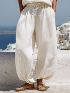 Vacation Retro White Cotton Linen Short-Sleeve Hooded Top And Balloon Pants Set