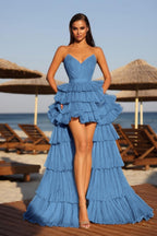 Cocoslly Strapless Sleeveless High Waist Long A Line Prom Dress With Ruffles | Champage Glod Satin YC0487