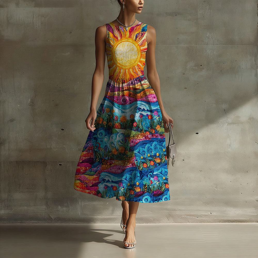 Vintage Hippie Sun Patchwork Pattern Linen Maxi Dress