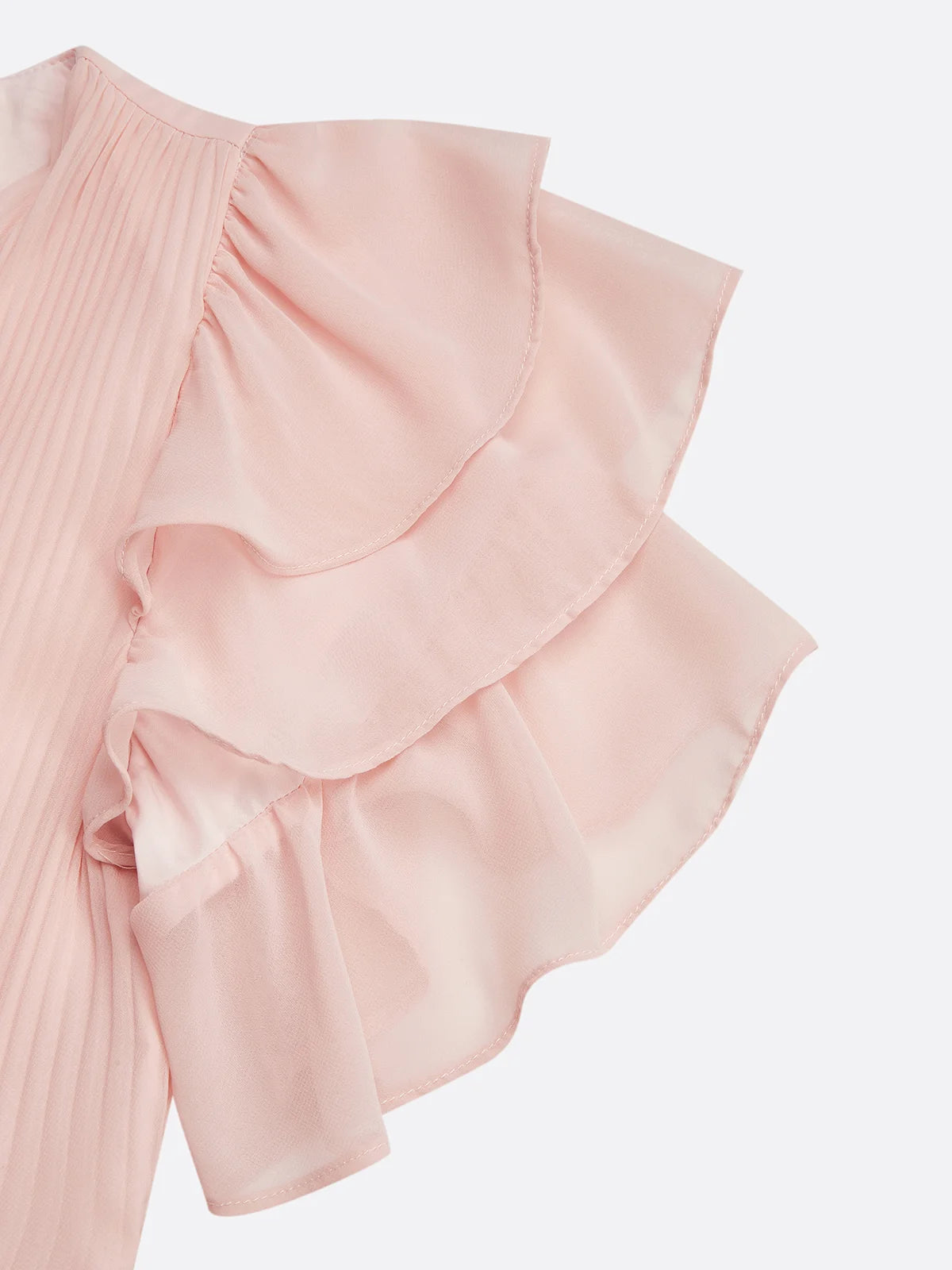 Pink Pleated Rhinestone Chiffon V Neck Short Sleeve Ruffle Sleeve A-Line Maxi Dress