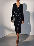 Black Piping Bow Classic V Neck Long Sleeve Sheath Midi Dress