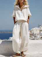 Vacation Retro White Cotton Linen Short-Sleeve Hooded Top And Balloon Pants Set