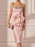 Pink Hotfix Embellished Bow Satin Square Neck Sleeveless Sheath Midi Dress