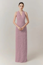Cocoslly Halter Sleeveless High Waist Long Prom Dress With Tassel | Blushing Pink Feather JZ0095