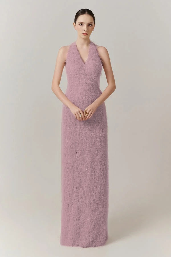 Cocoslly Halter Sleeveless High Waist Long Prom Dress With Tassel | Blushing Pink Feather JZ0095