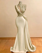 Cocoslly High Neck Sleeveless High Waist Long Mermaid Prom Dress With Sequins | Green Satin ZC0388