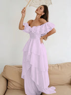 Cocoslly Off-The-Shoulder Sleeveless High Waist Long Prom Dress With Ruffles | White Chiffon LX0115