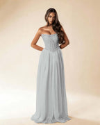 Strapless Sleeveless Long Pleated A-Line Prom Dress With Beadings And Rhinstone YK0781