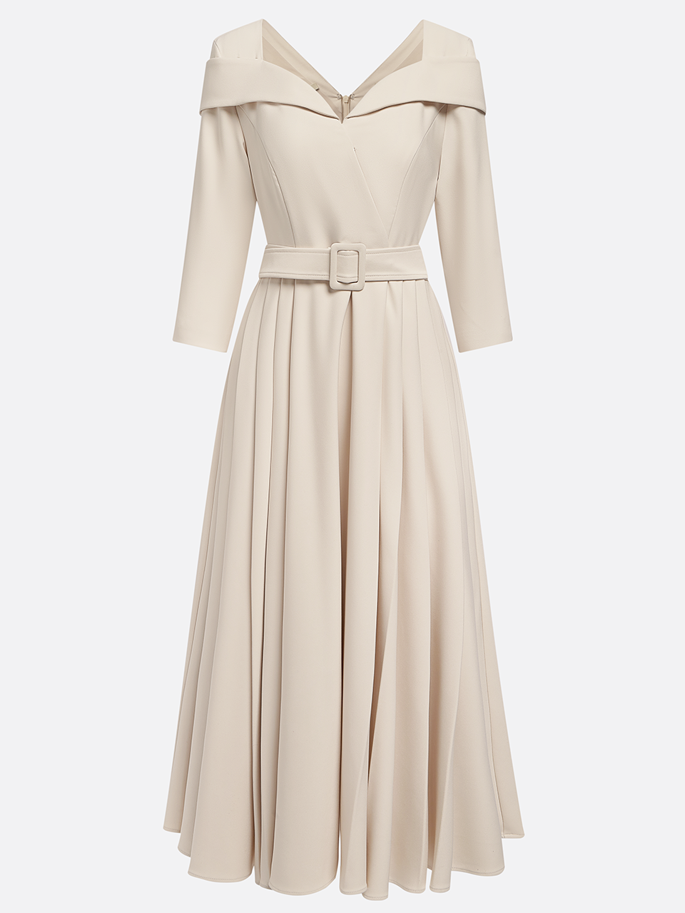 Off White Pleated Ruched Three Quarter Sleeve A-Line Maxi Dress