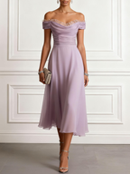 Purple Pleated Chiffon Off The Shoulder Sleeveless A-Line Midi Dress