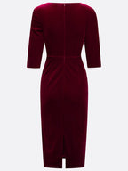 Wine Red Faux Pearl Velvet Boat Neck Half Sleeve Sheath Midi Dress