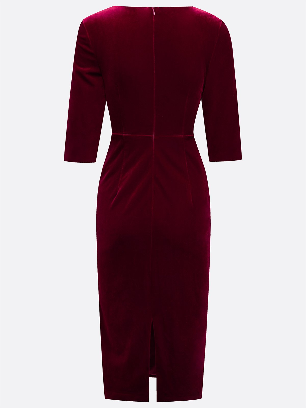 Wine Red Faux Pearl Velvet Boat Neck Half Sleeve Sheath Midi Dress