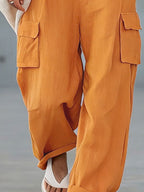 Orange Cotton-linen Multi-pocket Wide-leg Overalls