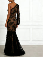Black Embroidery Lace One Shoulder Long Sleeve Mermaid Maxi Dress