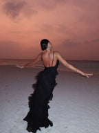 Cocoslly Spaghetti Straps Sleeveless High Waist Long Prom Dress With Ruffles | Black Chiffon CO0160