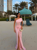 Cocoslly One Shoulder Sleeveless High Waist Long Mermaid Prom Dress With Deep Split | Pink Chiffon CO0056