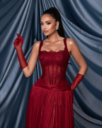 Cocoslly Wide Straps Square Neck Sleeveless High Waist Long Prom Dress With Pleated | Burgundy Chiffon CO0203