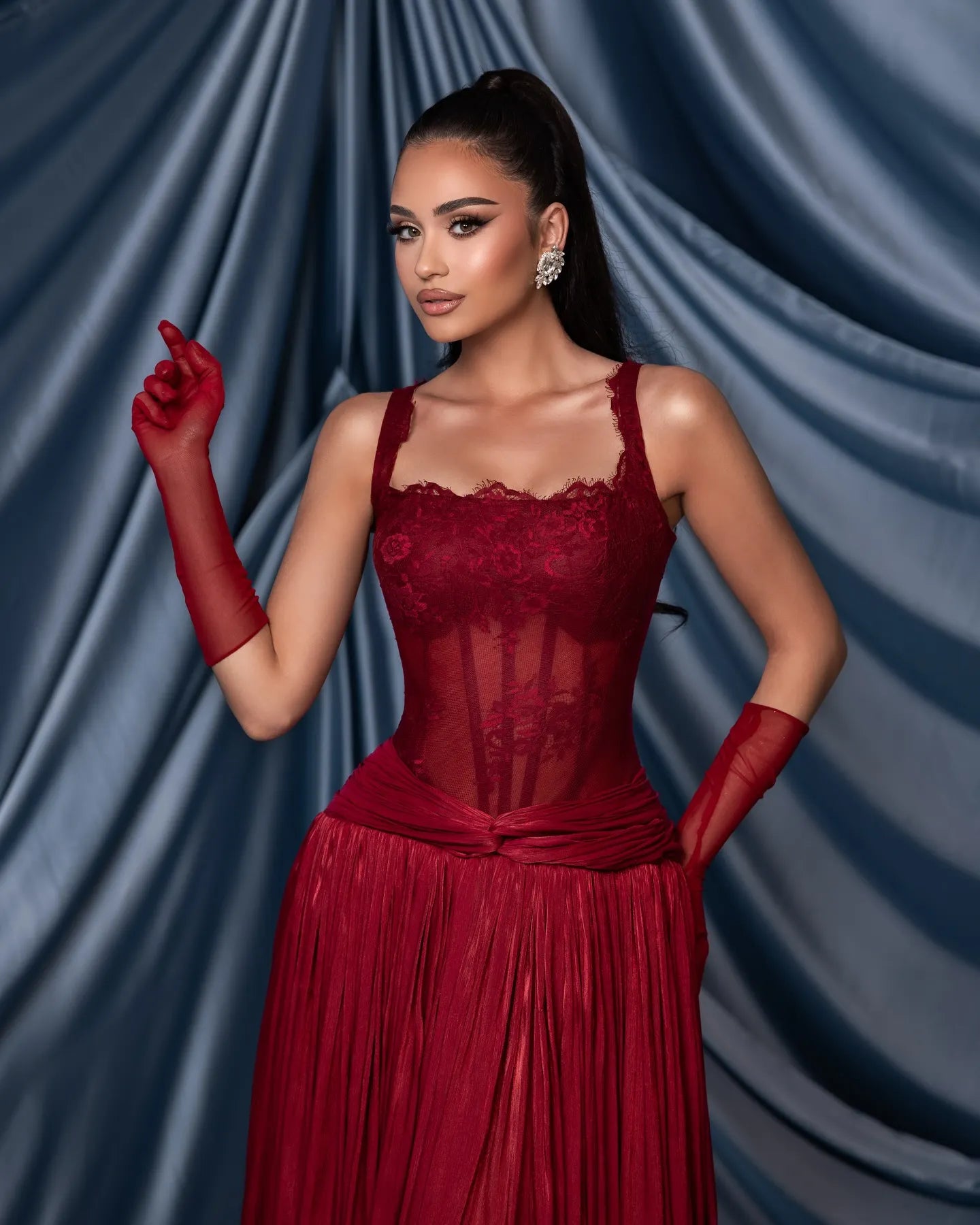 Cocoslly Wide Straps Square Neck Sleeveless High Waist Long Prom Dress With Pleated | Burgundy Chiffon CO0203
