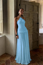 Cocoslly Halter Sleeveless High Waist Long Prom Dress With Appliques | White Chiffon YC0560