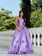Satin Strapless Sleeveless Long A-Line Prom Dress With Flower Appliques And Pleated YK0617