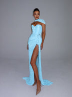 Cocoslly Strapless Sweetheart Sleeveless High Waist Long Split Prom Dress With Shawl | Silver Grey Sequins YK1275