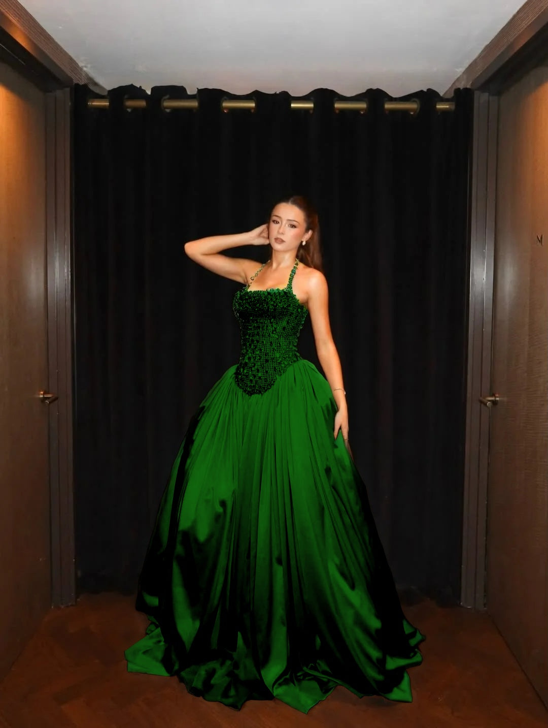 Cocoslly Halter Neck Strapless Sleeveless Long A-Line Prom Dress With Pleated And Sequins Rhinstone | Champage Satin YK0886