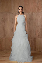 Cocoslly Halter Sleeveless High Waist Long Prom Dress With Ruffles | Daffodil Tulle YC0478