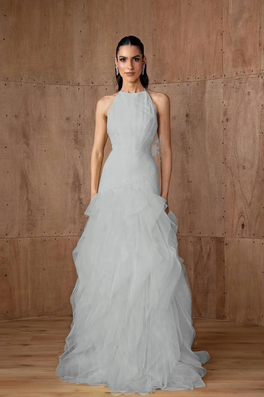 Cocoslly Halter Sleeveless High Waist Long Prom Dress With Ruffles | Daffodil Tulle YC0478