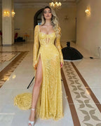 Cocoslly Square Neck Long Sleeves High Waist Long Prom Dress With Split | Red Sequins LX0105