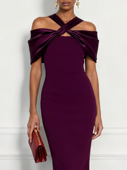 Burgundy Cross Bow Classic Off The Shoulder Sleeveless Sheath Floor Length Dress