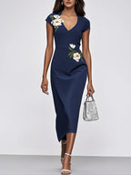 Purplish Blue Embroidery Applique Sheath Midi Dress