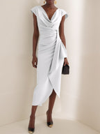 Light Blue Ruched Asymmetric Classic Cowl Neck Cap Sleeve Sheath Midi Dress