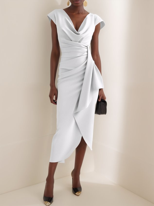 Light Blue Ruched Asymmetric Classic Cowl Neck Cap Sleeve Sheath Midi Dress