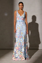 Light Blue Floral Embroidered Classic V Neck Sleeveless A-Line Floor-length Gown Dress