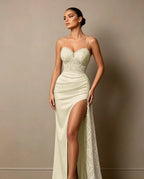 Cocoslly Spaghetti Straps Sleeveless High Waist Long Prom Dress With Split And Beading Pearls | Dark Green Satin LX0098