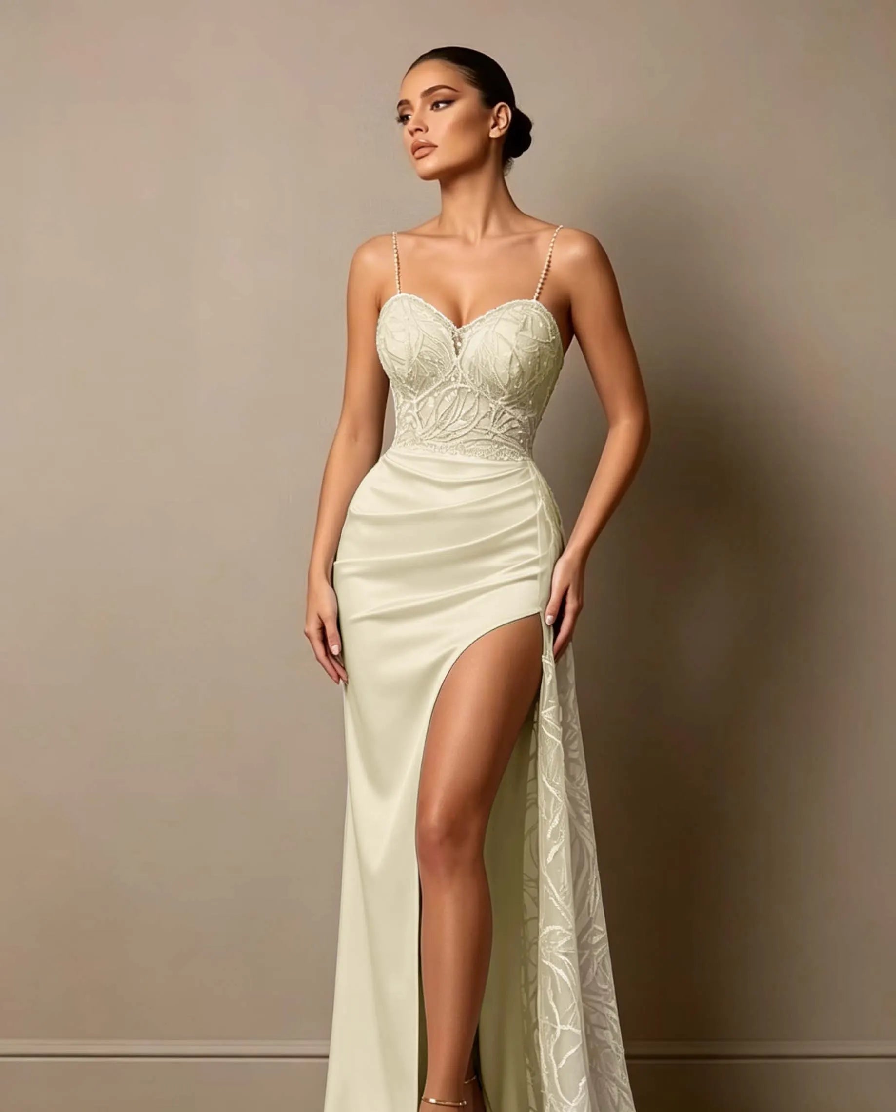 Cocoslly Spaghetti Straps Sleeveless High Waist Long Prom Dress With Split And Beading Pearls | Dark Green Satin LX0098