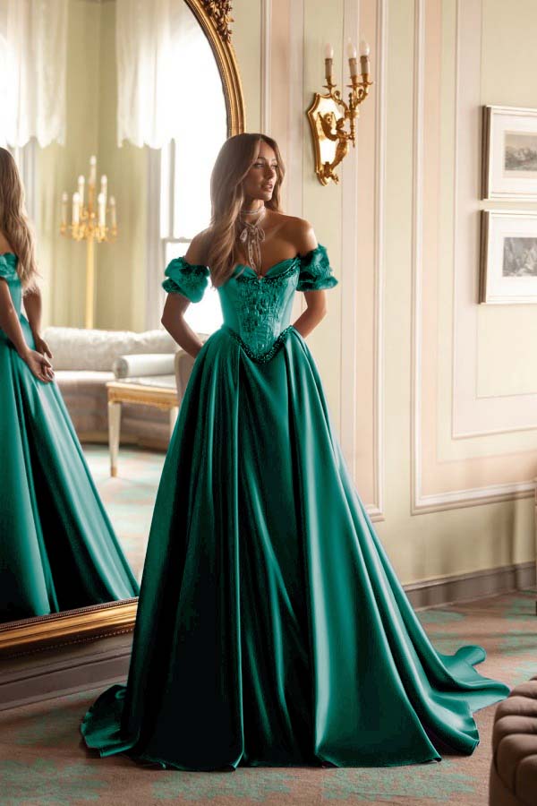 Satin V-Neck Off-The-Shoulder Short Sleeves Long A-Line Prom Dress With Embroidered And Pleated WQ0422