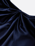 Navy Blue 3D Floral Applique Classic Off The Shoulder Short Sleeve Sheath Midi Dress