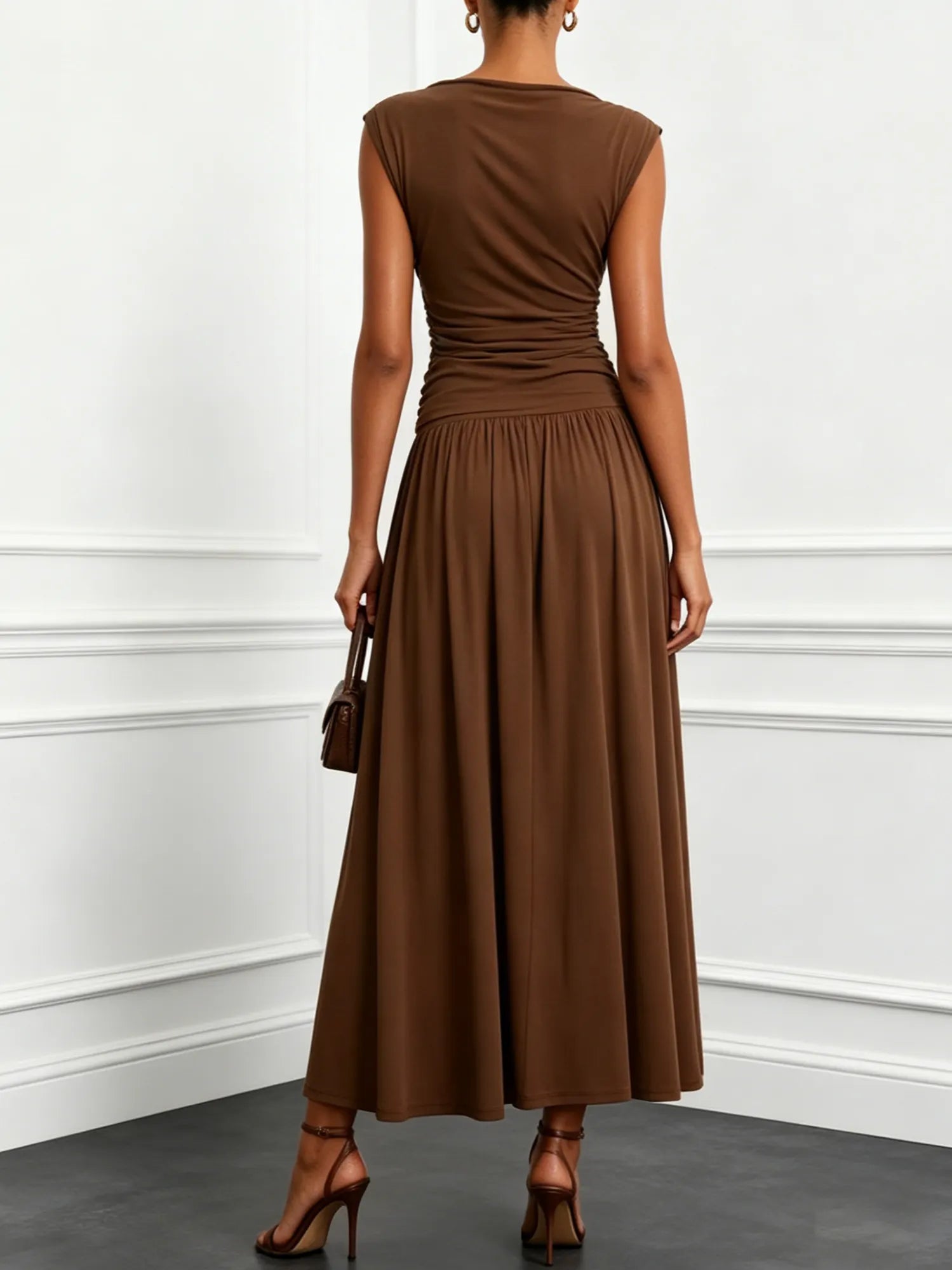 Brown Ruched Knit Boat Neck Cap Sleeve A-Line Maxi Dress