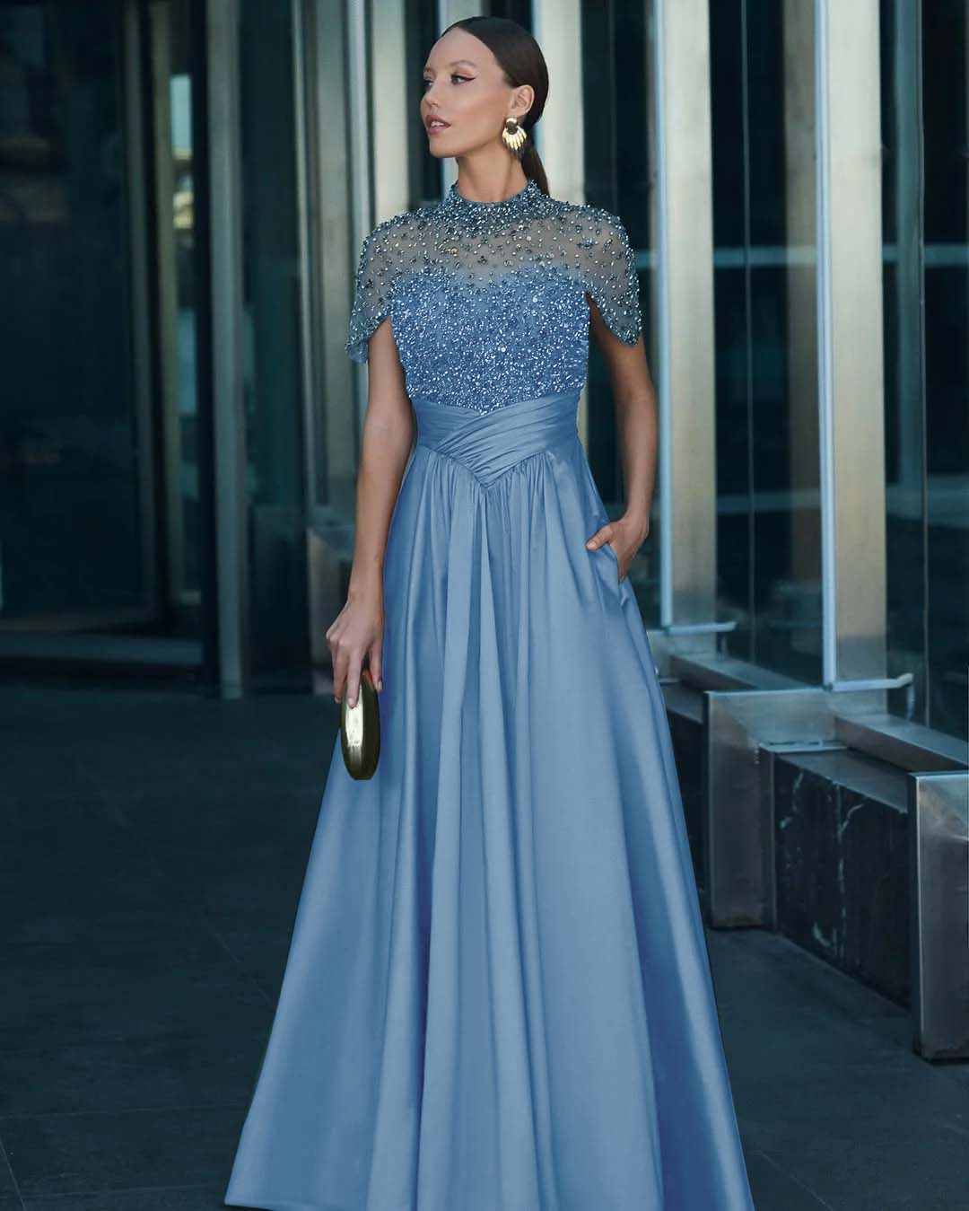 Tulle And Satin High-Neck Short Sleeves Long A-Line Pleated Prom Dress With Pockets And Beadings YK0542
